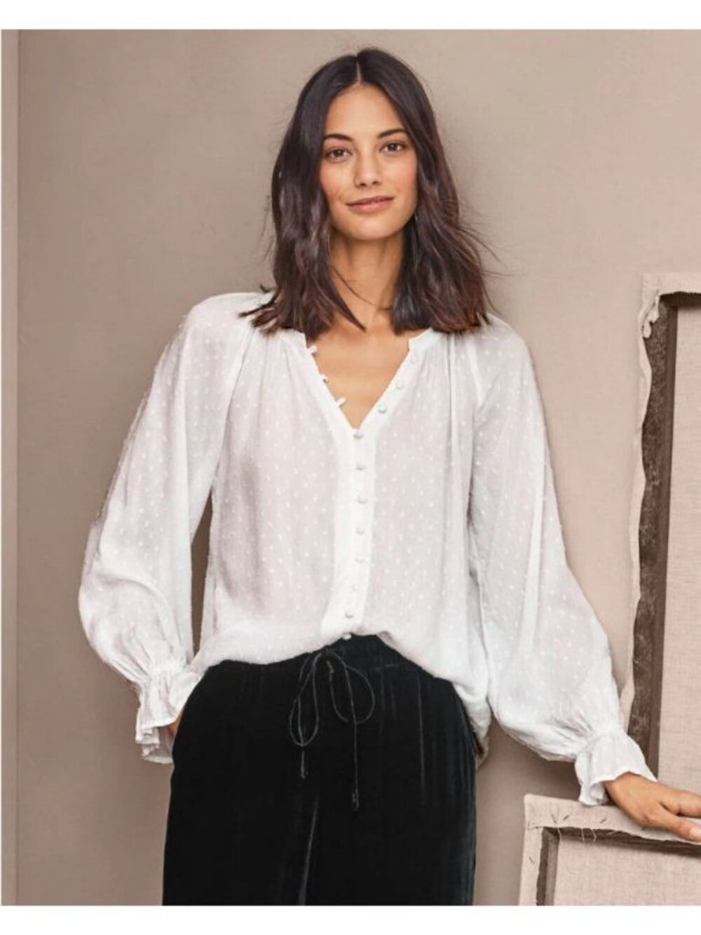 Garnet Hill Swiss Dot Poet Blouse White Long Sleeve Button Up Top Vneck Small - Picture 1 of 13